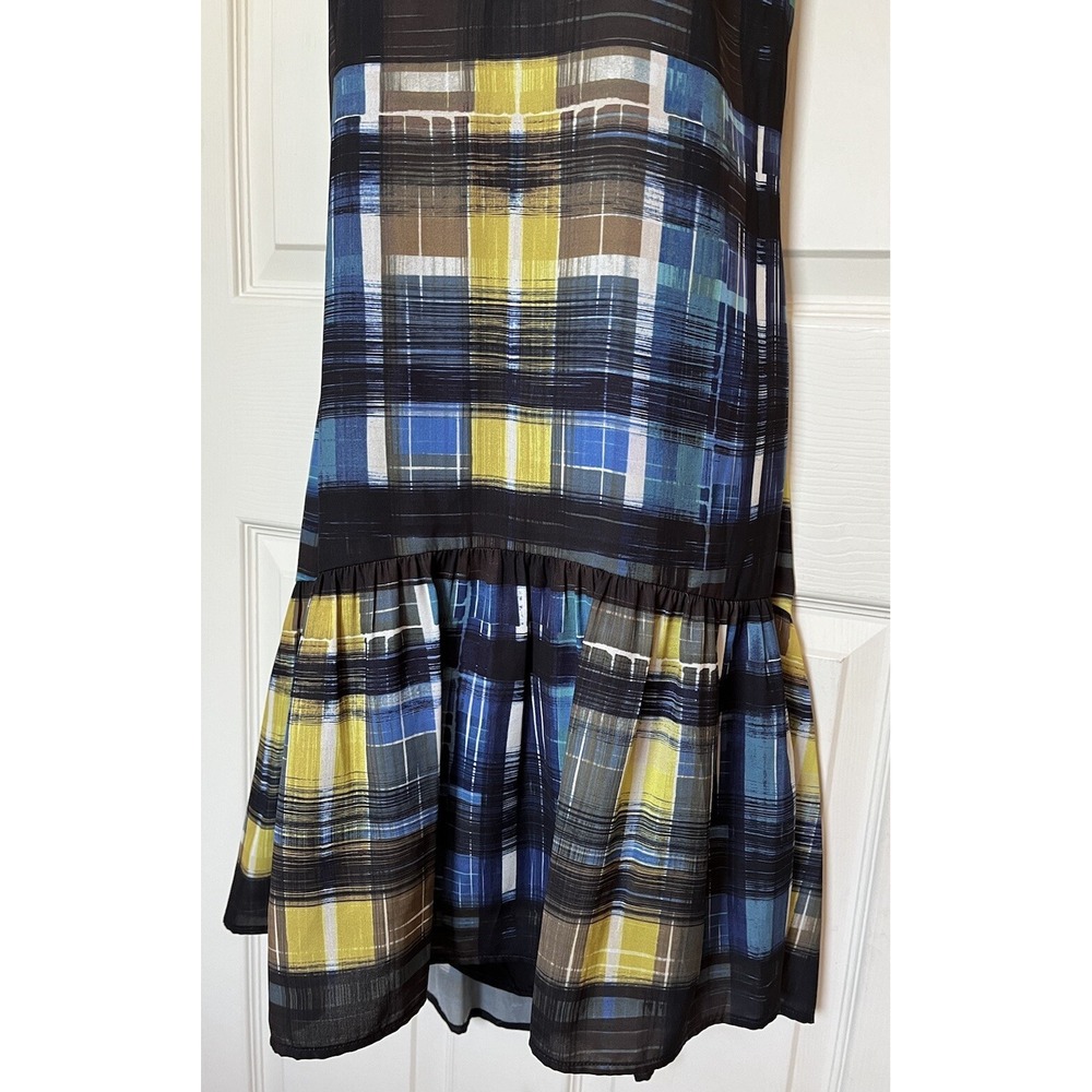 Trina Turk Maryiah Slip Dress V Neck Drop Waist Blue Watercolor Plaid Size 6 NWT - Picture 3 of 9